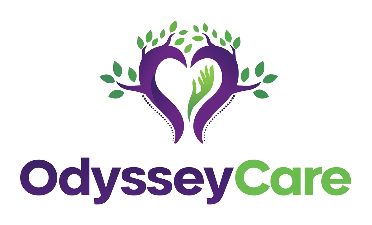 Hand-redrawn vector: Odyssey Care logo of two purple tree figures forming a heart around a green hand, clean curves