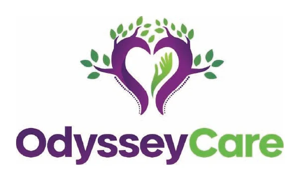AI-generated original: Odyssey Care logo of two purple tree figures forming a heart around a green hand, soft JPG